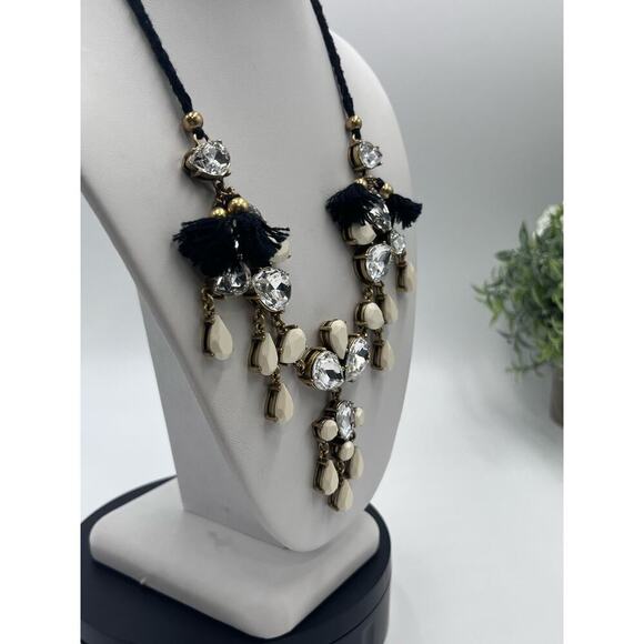 J. Crew Crystal Clear Milky White Gems Black Fringe Adjustable Tie Necklace - Picture 6 of 14